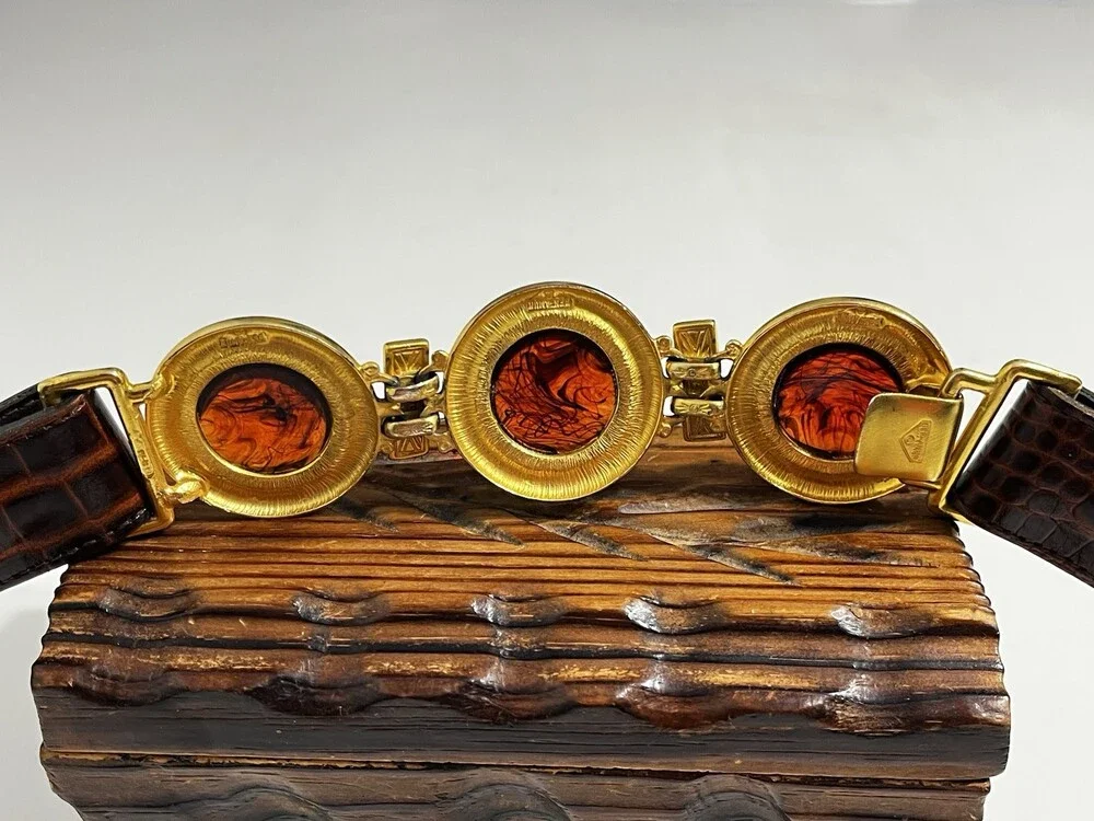 VTG Ben Amun Belt 24K Gold Plated Amber Resin Cabochon Leather Cinch 27